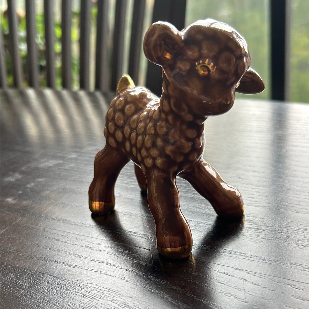 Adorable Brown Lamb Figurine with Gold Details